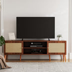 ZttRiee TV Stand for TVs up to 65'', Entertainment Center With Rattan Door, Shelves & 2 Cabinets, Long Boho Media Console for Living Room, Walnut - color: Walnut