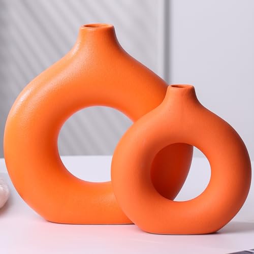 Modern Donut-Shaped Decorative Vases, Handmade Minimalist Boho ins Style, Modern Vase for Home Decor for Wedding Dinner Table Party Living Room Office Bedroom (Orange, Large + Small) - color: Orange, size: Large + Small