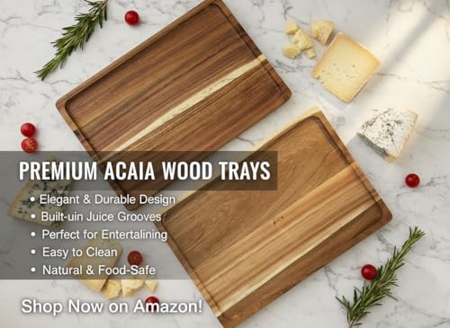 2 PCS Solid Acacia Wood Serving Trays Rectangular Wooden Serving Platters Natural Wooden Boards for Bar Coffee Party 13.5 * 9.5 inch (13.5 * 9.5)