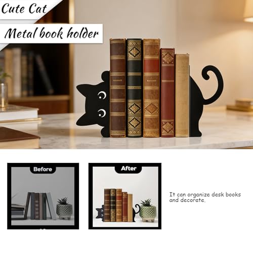 Peeping Cat Black Metal Bookends，Book Ends for Shelves Decorative，Cute Book Stopper for Office Home Desk Bookshelf Decor，cat Decor for cat Lovers