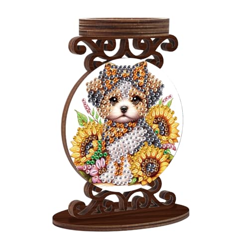 Diamond Art Painting Candlestick Holder kits, Sunflower Puppy DIY shaped crystal Diamond art painting, woodiness Candle holder for AromaRelax & Home Decor, Christmas Halloween Ornaments (Double-Sided) - color: Sunflower Puppy