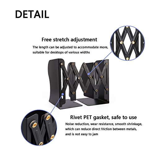 Adjustable Metal Bookends Heavy Duty for Shelves, 2 Dividers, Anti-Slip Design Expandable Book Ends for Desk, Office(Black, 19 inches Max) - color: Black