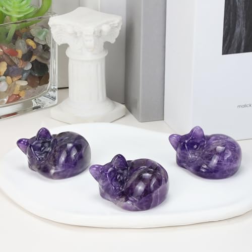QINJIEJIE Amethyst Cat Decors Natural Healing Crystal Stones Figurine Statue Carved Polished Gemstones Decoration Office Room Desk Purple Decor Purple Gifts for Women Cat Lover Valentine Decor - color: C-purple-amethyst, size: 1.5 inches