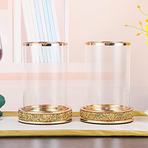 Pillar Candle Holders Set of 2,Hurricane Candle Holders,Candlesticks Holder With Glass Hurricane Lid,Metal Candle Holder For Coffee Dining Table, Wedding, Christmas, Home Decoration,Gold Candle Holder - color: Gold Rhinestone