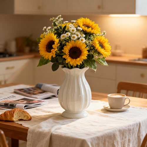 White Ceramic Vase,7.8" Ribbed Farmhouse Flower Vase with Scalloped Rim, Decorative Vase for Living Room, Kitchen Table Centerpiece, Ideal for Fresh/Artificial Flowers and Housewarming Gift