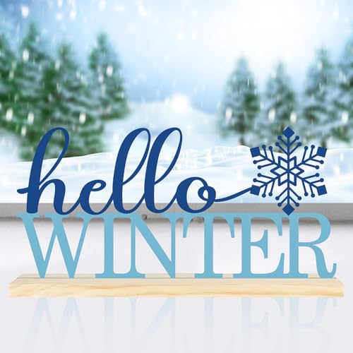 COCHIE Metal Hello Winter Sign, Snowflake Table Centerpieces Decorations for Home, Office, Shelf, Mantel, Indoor, Navy Blue Party Decor Supplies (Winter) - style: Winter