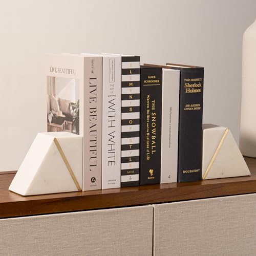 Cork & Mill Marble Book Ends for Shelves, Decorative Bookends for Heavy Books, Unique Mid Century Modern White and Gold Bookends with Brass Inlay, Heavy Duty Bookshelf Stopper, Set of 2 - color: White + Brass