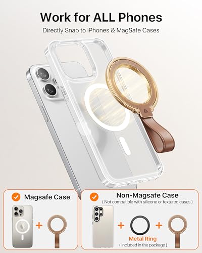 andobil [2026 Premium Leather] Magnetic Phone Grip for MagSafe [Longest Durable] Adjustable Phone Ring Kickstand with Leather Loop Compatible with MagSafe Accessories&iPhone 17 Air 16 15 14 13 Pro Max - color: brown