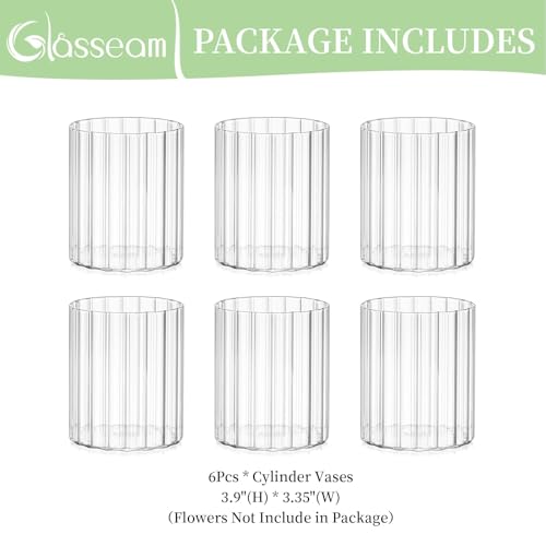 Glasseam Glass Cylinder Vases for Centerpieces: Clear Ribbed Flower Vases for Pillar Candle - 6Pcs Modern Hurricane Floating Candle Holder for Table Wedding Centerpieces Living Room Decorations