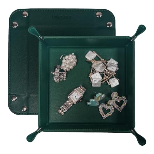 UnionBasic Valet Tray, Jewelry Tray for Rings Watches Earrings, Entryway Catchall Caddy for Coins Keys Change, Nightstand Organizer Bedside Valet Holder, Trays for Electronic Gadgets, Vintage Green - color: Blackish Green, size: 5.4" x 5.4" x 1.6"
