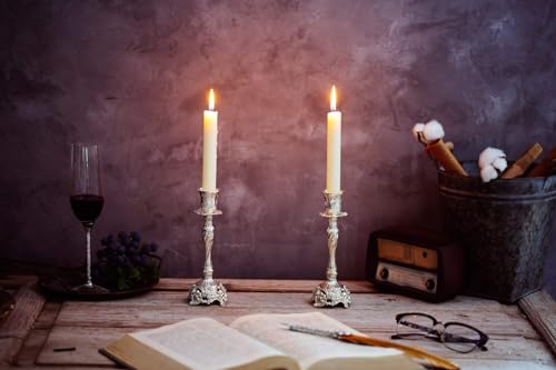 Sziqiqi Silver Plated Candlestick Holders Set of 2 Taper Candle Holders Deluxe Ornate Candle Holders for Shabbat Taper Candles, Candle Centerpiece, Wedding Candles, Christmas Candle, 7.4inch - color: Silver