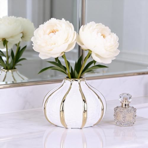 White Gold Home Decor Vase, Round White Bud Ceramic Vase for Flowers, Luxury Home Decoration, Dining Table Centerpiece (E-White)