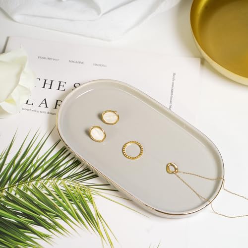 Ceramic Jewelry Dish, Perfume Vanity Tray, 7x4 Decorative Catch All Bowl for Trinket Key Ring, Small Bathroom Counter Tray, Soap Tray for Kitchen Sink (Grey) - color: Gray