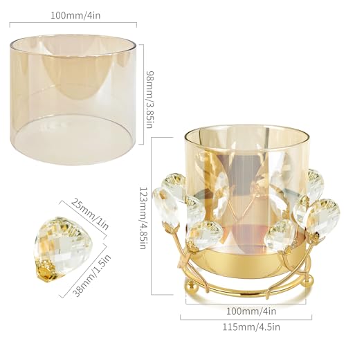 Gold Hurricane Candle Holder with Crystal Accents & Windproof Glass Lid - Elegant Gold Pillar Candle Holder for Wedding, Dinner & Party Table Decor - size: Medium