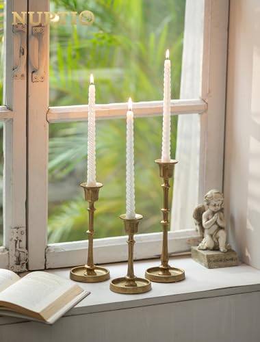 NUPTIO Cast Iron Candlestick Holders: Antique Brass Taper Candle Holders with Unique Drip Wax Aesthetics - Set of 3 Gold Candle Sticks Holder Fireplace Mantel Decor