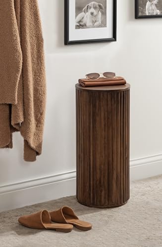 Kate and Laurel Reid Modern Wooden Ribbed Drink Table; 10 x 10 x 22; Walnut Brown; Solid Wood Mini Table for Use as Pedestal Plant Stand Indoors or Small Nightstand Option - color: Walnut Brown