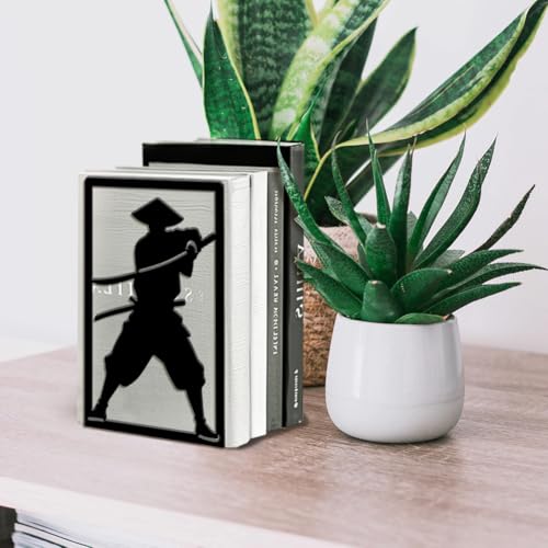 Peacoblue Metal Bookends for Shelves, Modern Decorative Heavy Duty Study Book Ends Stoppers for Office, Desk, Shelf, Room 5.3"x4.3"x7.9" Cast Iron Simple Tall Bookends 1 Pair (Japanese Samurai) - style: Japanese Samurai
