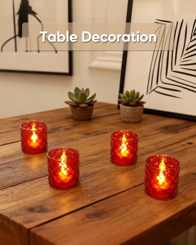 Homemory 2" x 2" Acrylic Votive Candle Holders with Auto Timer Flameless Led Tealight, Battery Powered Fake Electric Candles for Wedding Centerpiece, Table, Christmas Decor (6Pack, Red Base) - color: Red, size: 6 Pack