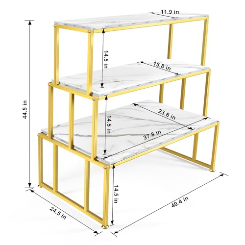 Metal Shoe Handbag Display Table，3 Tier Heavy Duty Risers Display Stands，Modern Standing Display Riser Shelf for Retail Stores Vendor Events, Iron and Wood, Gold