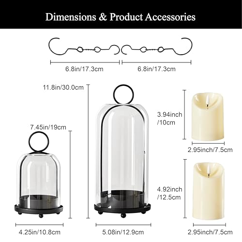 5"&4" Metal Candle Holder with Handmade Glass Dome in Brass & 2 Timer Candles, Set of 2 Versatile Hurricane Glass Candle Holders for Pillar Candles & Plants - color: Black