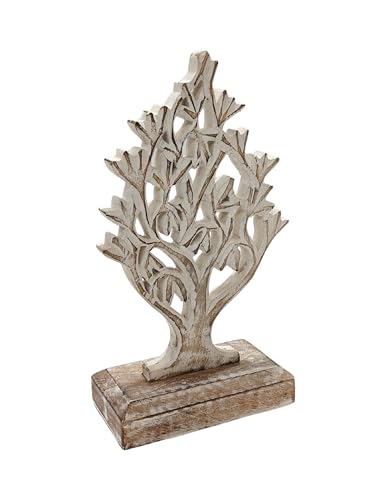 VANIYA CRAFTS® Rustic Wooden Tree Shape Table Sculpture – Handmade Carved Home Decor Accent for Living Room, Bedroom, Entryway, or Office (Antique White Finish)