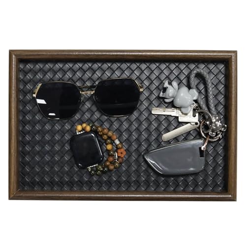 Wooden Valet Tray with Leather Base, EDC Catch All Tray Nightstand Entryway Table Vanity Organizer 11.8x7.9, Black - color: Black