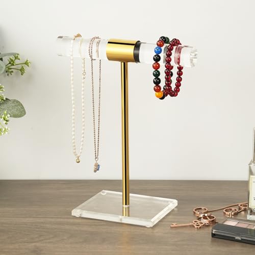 Acrylic Bracelet Holder Display Stand, Tangle-Free T-Bar Necklace Display for Vendors Retail Store Home, Clear Jewelry Organizer, Bangles Watch Holder Stands with Gold Stainless Rod - size: 1 Tier