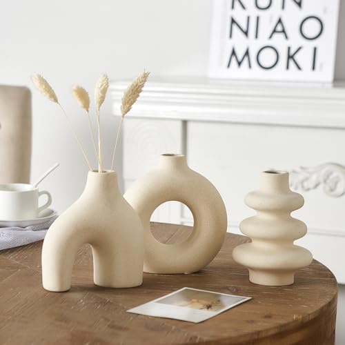 White Ceramic Vase Set of 3, Small Flower Vases for Pampas Grass, Modern Boho Vase for Decor, Round White Vases Centerpieces for Wedding Living Room Bedroom Coffee Table Dinner Table - color: White