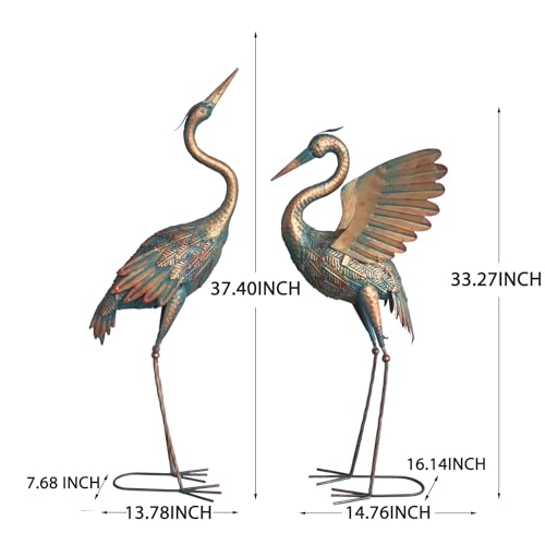 33-37 Inch Metal Crane Garden Statue Décor, Bird Heron Garden Sculpture & Statues, Outdoor Decoration for Yard Pond Lawn Backyard Pool, Vintage Spread Wings Crane, Set of 2 Copper - color: Copper