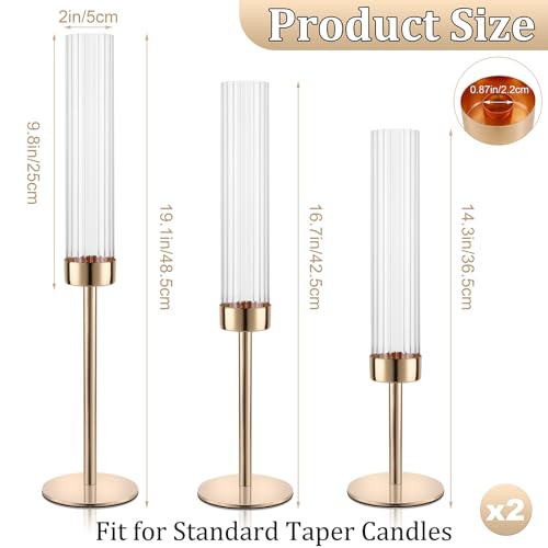 Gold Hurricane Candle Holders, Set of 6 Glass Taper Candlestick Holders Metal Candle Stands Bulk with Ribbed Glass Cover for Dining Tables Wedding Candelabra Centerpieces Decor - color: Gold