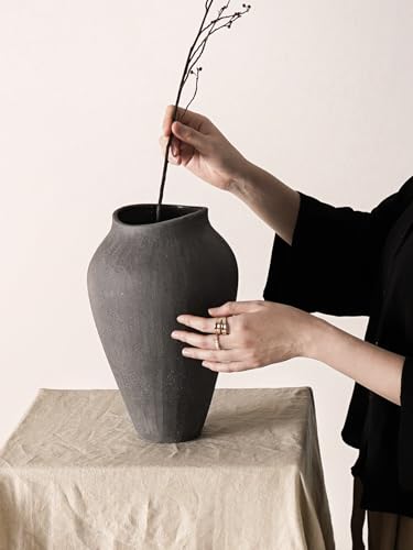 Ceramic Vase - Large 11.8 Inch Tall Floor Vase for Centerpieces, Farmhouse Flower Vases, Rustic Minimalist Home Decor for Living Room, Enterway, Wedding (Sandstone Dark Gray) - color: Sandstone Dark Gray, size: 11.8 Inch