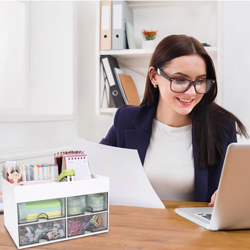 Meiikun Desk Organizer, Office Organizer with Drawer, Desk Accessories & Workspace Organizers, Pen Holder Office Supplies for Desk (4 Drawers+4 Compartments, White) - color: 4 Compartments + 4 Drawer (White)