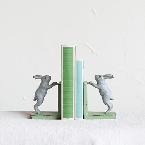 Creative Co-Op Decorative 2-Tone Cast Metal Rabbit Bookends, Green and Grey, Set of 2