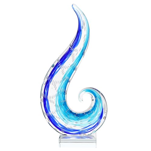 Luxury Lane Hand Blown Ocean Wave Sommerso Art Glass Sculpture for Home Decor 12 inch Tall Centerpiece Table Decoration - size: 12"