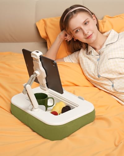 Viozon Kindle Pillow Stand Holder, Phone Holder for Bed, Laptop Lap Desk with Mouse Pad,Compatible with 4.7-13" Kindle/Tablet/Phone,10-15" Laptop, Snack Bowl&Cup Attachment&Detachable 360° Stand Arm - color: Green
