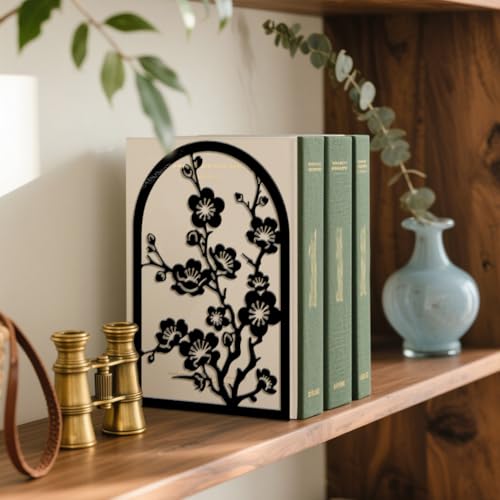 Peacoblue Metal Bookends for Shelves, Modern Decorative Heavy Duty Study Book Ends Stoppers for Office, Desk, Shelf, Room 5.3"x4.3"x7.9" Cast Iron Simple Tall Bookends 1 Pair (Plum Blossom Branches) - style: Plum Blossom Branches