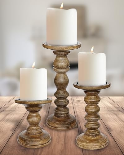 My Fancy Farmhouse Large Wood Candle Holders (Set of 3) - Tall Rustic Pillar Candlestick Stands - Fits 4 inch & 3 inch Pillar Candles - Modern Farmhouse Decor (Walnut Brown) - color: Natural Walnut