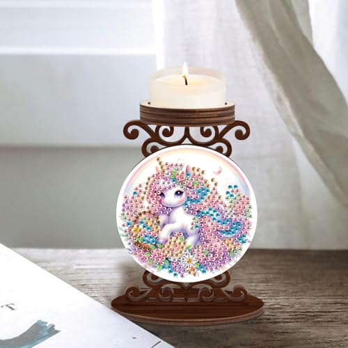 Diamond Art Painting Candlestick Holder kits, Unicorn DIY shaped crystal Diamond partial art painting, woodiness Candle holder for AromaRelax & Home Decor, Christmas Halloween Ornaments (Double-Sided) - color: Rainbow Unicorn