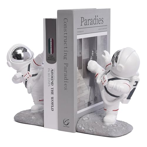 White Book Ends for Kids, Upgraded Astronaut Bookends Resin Spaceman Book Holders for Shelves Sturdy Book Stopper Book Ends to Hold Books Unique Outer Space Book Shelf Ends(F2-Silver Color) - color: Astronaut F-silver