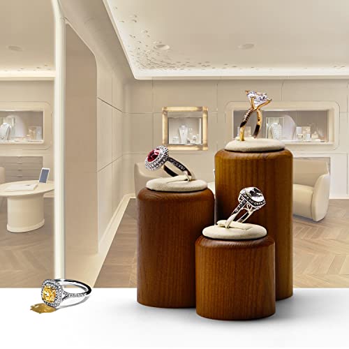 Solid Wood Ring Display Stand 3 Piece Cylindrical Microfiber Ring Holder Wooden Jewelry Display Holders Showcase Display (White) - color: Beige