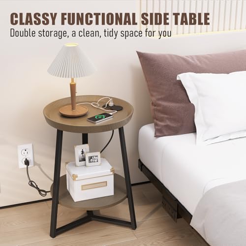 Gadroad Round End Table with Charging Station, USB Ports, Wood Tabletop & Black Metal Frame, 2-Tier Side Table for Living Room, Bedroom, Walnut Color 15.7 * 15.7 * 23.0inches - color: Walnut, style: with Charging Station