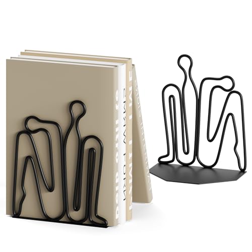 Alsonerbay Thinker Decorative Book Ends for Shelves, Metal Novelty Bookends with Non-Slip Base, Heavy Duty Book Stoppers for Home Office Decor (Black, 1 Pair)