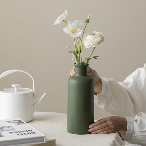 Green Ceramic Vase for Flowers, Modern Decorative, 10 Inch Tall, 4 Inch Width, Farmhouse Style Home Decor for Pampas Grass, Living Room, Dining Table, Office Decor, Kitchen Shelf (Mattte Green) - color: Mattte Green