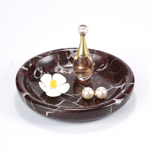 Trinket Marble Jewelry Tray - Stone Ring Key Purse Holder Dish, Small Cute Round Plate Decorative Bowl for Nightstand Entryway Coffee Table Decor (5.5 inch) - color: Circle-Rosso Levanto