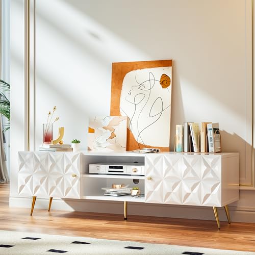 58” TV Stand for 55/60/65 Inch TV, Modern Entertainment Center with Adjustable Shelf, Media Console with Storage Cabinet, TV Console with Gold Legs and Handles for Living Room, Bedroom, White