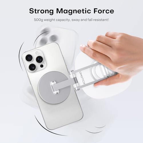 OMOTON 360°Rotating Magnetic Phone Stand for Desk, Adjustable Foldable Aluminum for MagSafe Cell Phone Stand Holder with Non-Slip Base, for iPhone 17/16/15/14 Pro Max Air/MagSafe Case, White - color: White