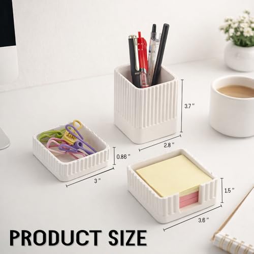 Desk Organizer Set of 3 for Office Accessories - Includes Pen Holder, Paperclip Storage, and Sticky Note Holder - Aesthetic Concrete Desktop Accessories for Women or Men, Office Decor (White) - color: White