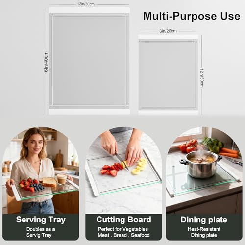 Tempered Glass Cutting Board with Juice Groove - 16x12 Inch Kitchen Cutting Board with Silicone Non-Slip Feet, Easy to Clean & Dishwasher Safe - Ideal for Vegetables, Fruits, Bread, Meats (White) - color: White