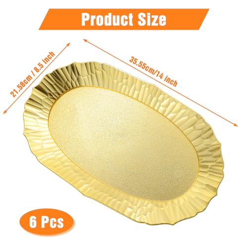 6 Pack Plastic Serving Tray Set, Gold Rectangular Serving Platters 14"x8.5", Reusable Food Display Trays, Decorative Appetizer Platters for Party Dessert Table Cupcake Charcuterie Cookies