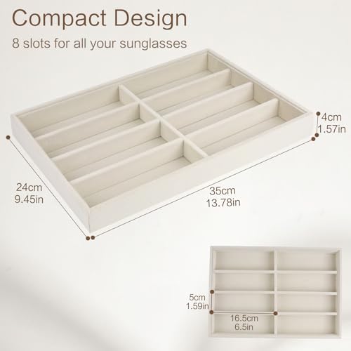 Sunglass Organizer, 8 Grids Beige Velvet Glasses Tray for Eyeglasses Watches Jewelry Display Handmade Craft Storage Box for Home or Shop, Large Capacity 13.8"x9.4" Men Women - color: YH-Beige